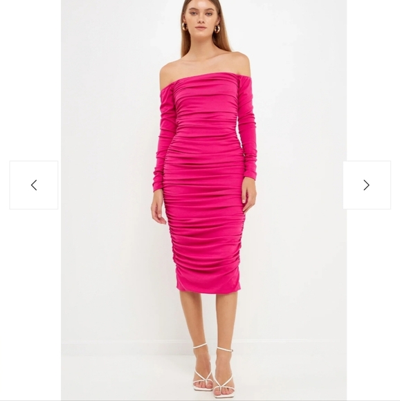 NWOT Endless Rose Off-The-Shoulder Ruched Midi Dress - Picture 2 of 8